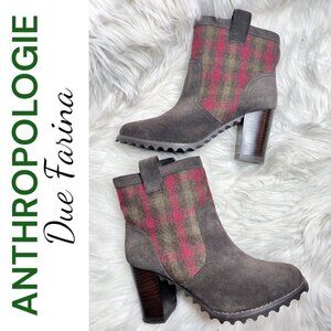 ANTHROPOLOGIE DUE FARINA Suede Platform Red Plaid Bootie, Size 7